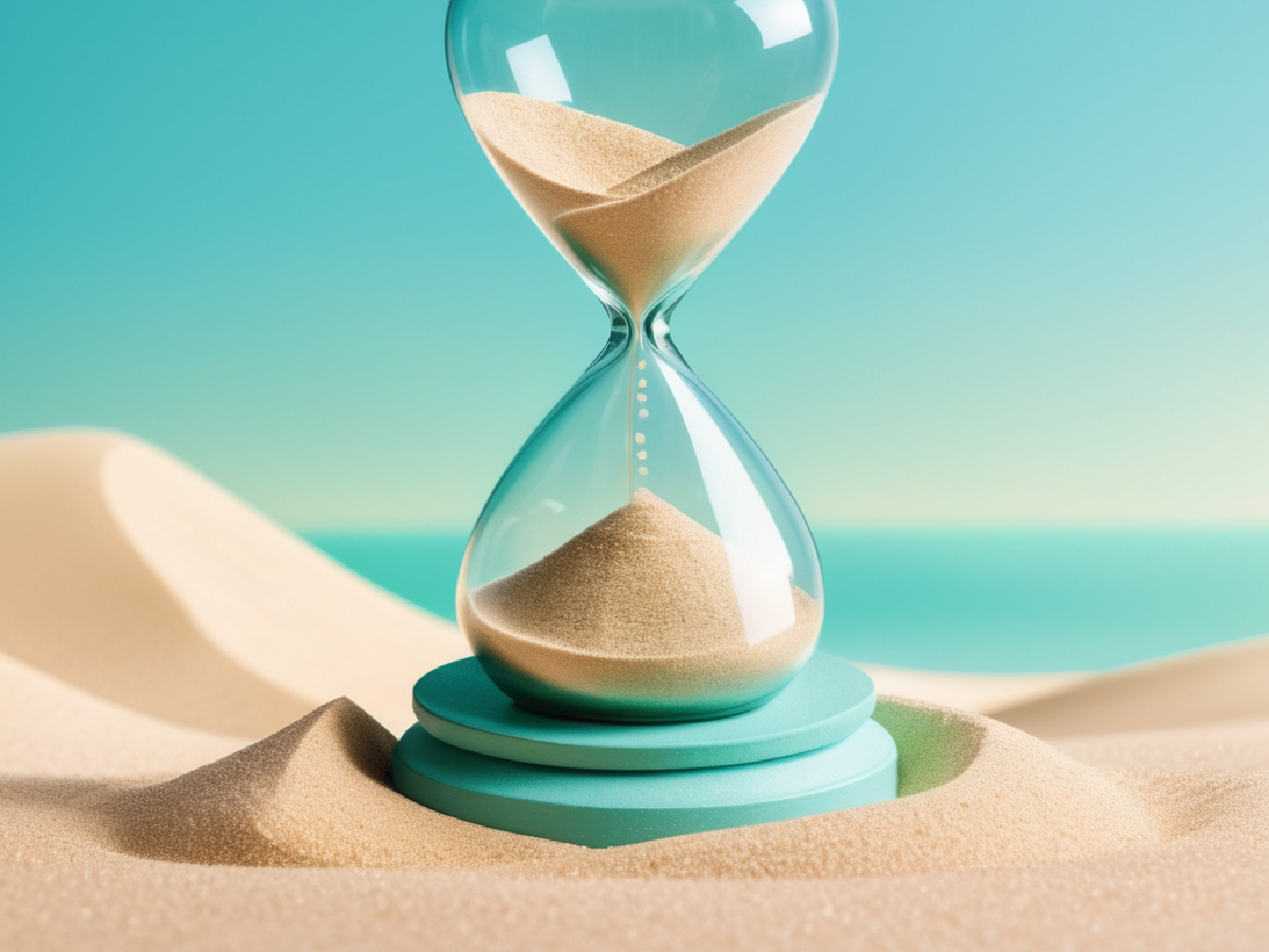 An hour-glass with plenty of sand remaining on a beach